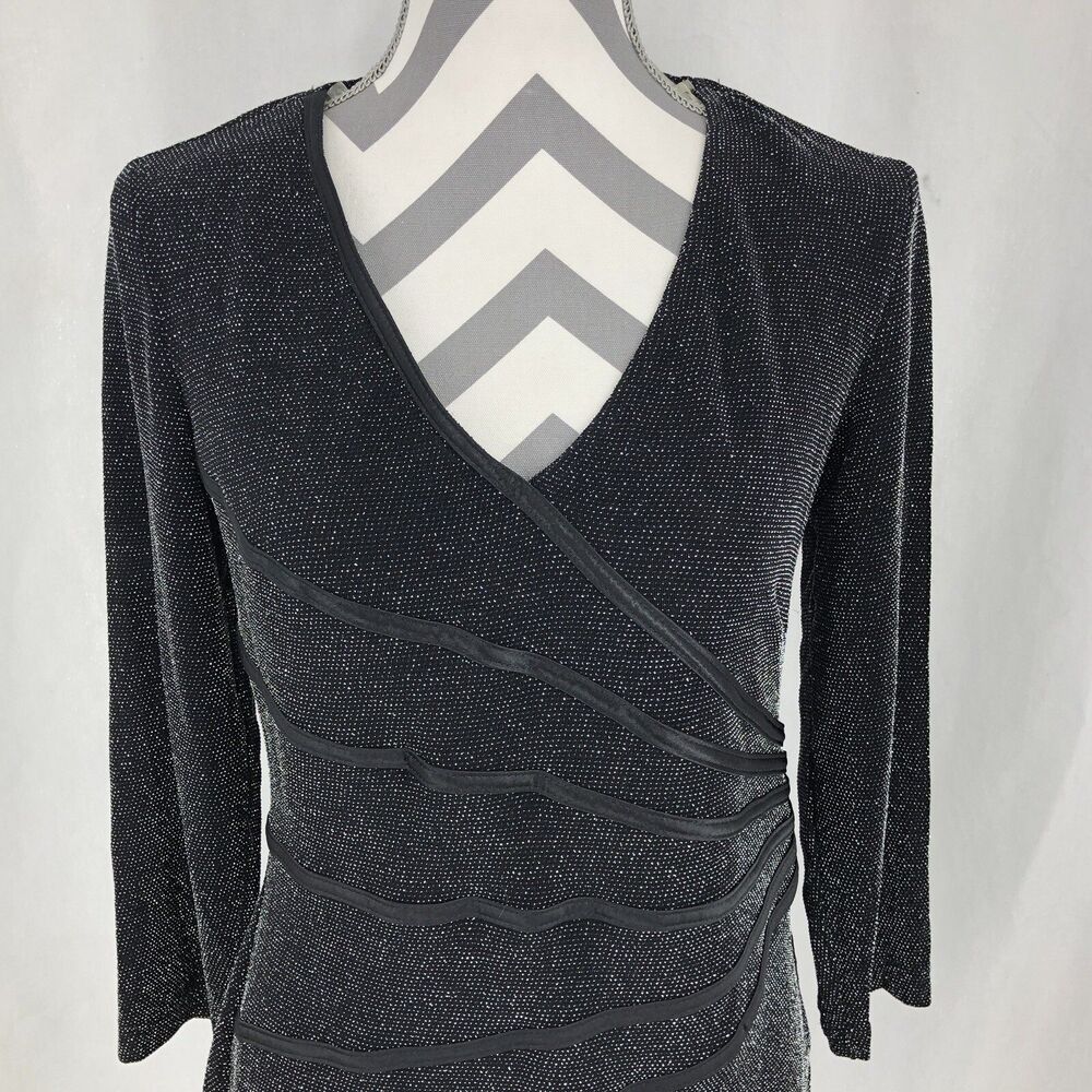 Connected Apparel Black Silver Metallic Sparkle Long Sleeve Blouse Medium